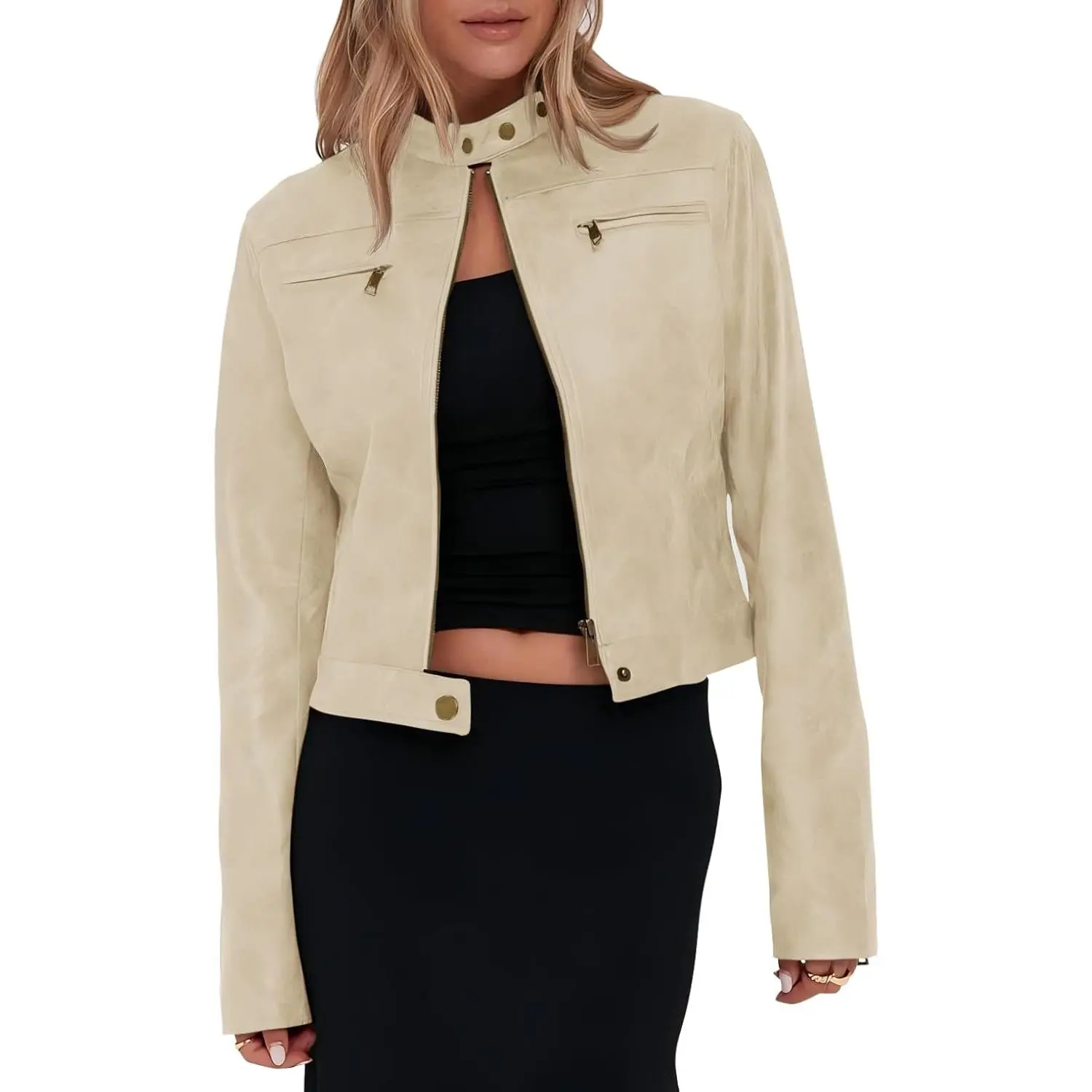 Women's Fitted Faux Leather Cropped Motorcycle Coat - Long Sleeves, Vintage Zip-Up Stand Collar, Hidden Buttons, Pockets, Minimalist Preppy Lady Basic Casual Wear Outerwear for Skirts Pairing, Thanksgiving Outfit | Women's Jackets & Coats, Fashion Apparel