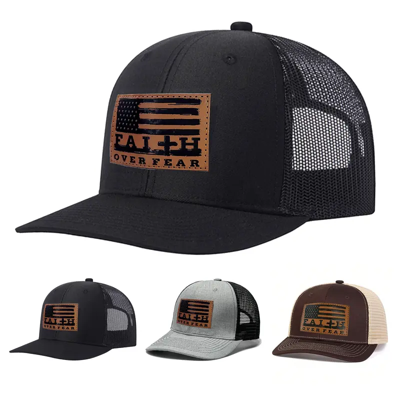 Faith Over Fear Cross Flag Hat Adjustable Baseball Cap Jesus USA Flag Leather Patch Classic Trucker Filler Cap for Men Women Young Fitted Hats Breathable Mesh Back Christmas gift