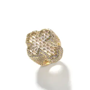 Luxury Golden Clover Statement Ring for Women Men, Iced Out Baguette CZ Wide Band Ring, Bling Hip Hop Party Anniversary Jewelry Gift Fashion