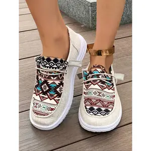 Women's Ethnic Pattern Canvas Shoes, Fashion Flat Sneakers, Comfortable Low-Top Outdoor Sports Shoes, Trendy Casual Walking Shoes, Slip On Lightweight