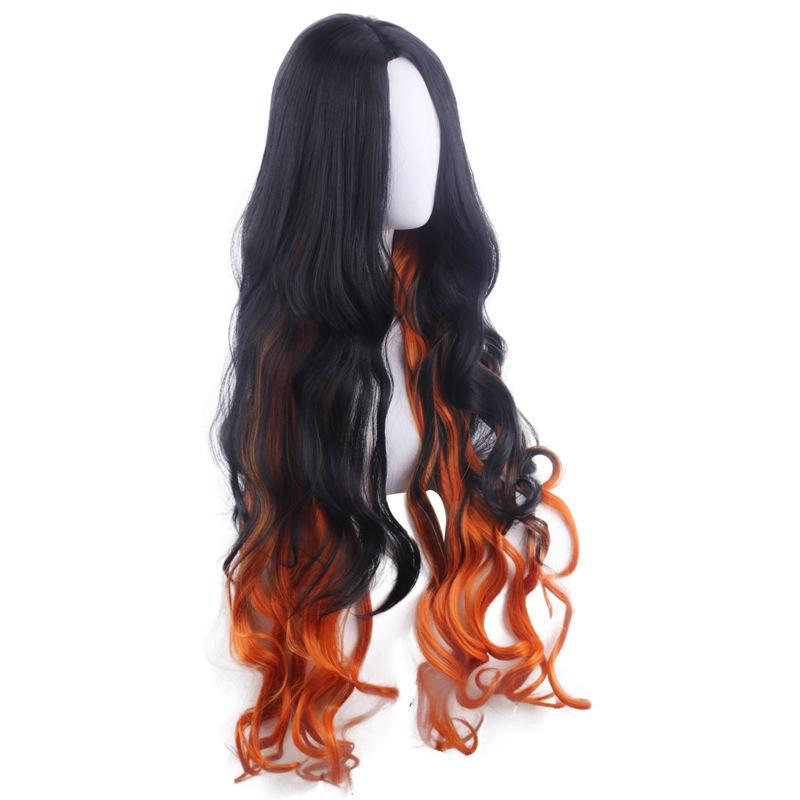 Anime Kamado Yellow Wigs Hair Cosplay Nezuko Hairs Cap Dye Gradient Long Curly Hair Halloween for Adult Woman