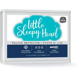 Waterproof Pillow Protector (2-Pack), 100% Terry Cotton Pillow Covers with Zipper – Hypoallergenic, Noiseless Protector for Youth Pillows