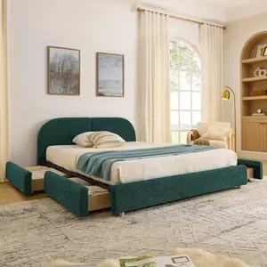 【Sub 2 packages】Niccae Queen Size Upholstered Bed Frame Modern Minimalist Style - Circle Yarn Fabric, Tall Curved Headboard, Sturdy Leg Support & Wheeled Drawer Storage, Mattress Not Included