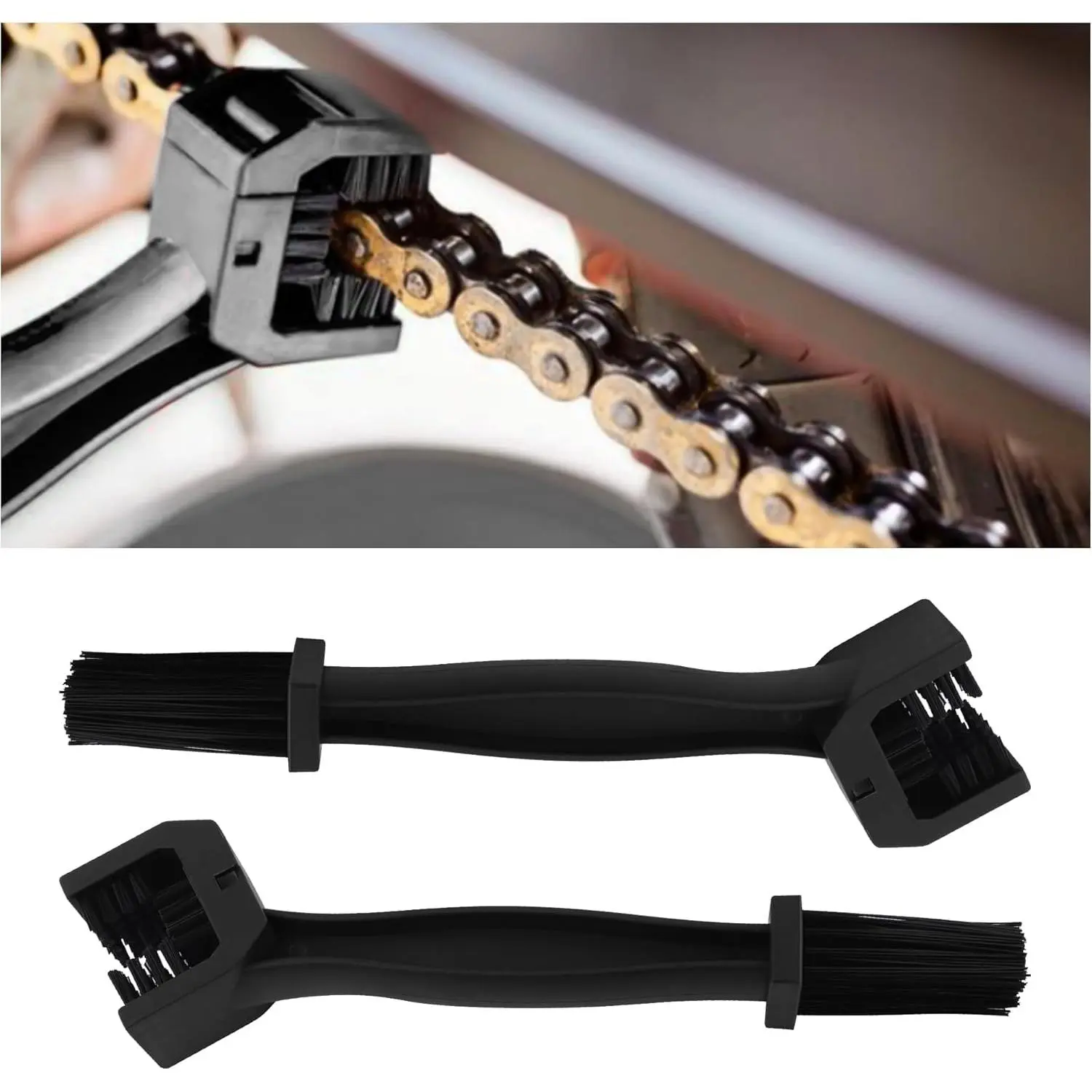 2PCS Motorcycle Chain Brush,Double-Ended Motorcycle Chain Cleaner with Three-Sided and Long Bristles,Universal Motorcycle Chain Cleaning Kit for Motorcycle Bicycle Mountain Bike (Black/2PCS)