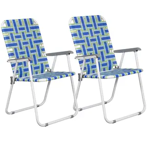 LEMY Set of 2 Patio Lawn Chairs Folding Metal Frame Webbed Camp Chair, Blue/Green