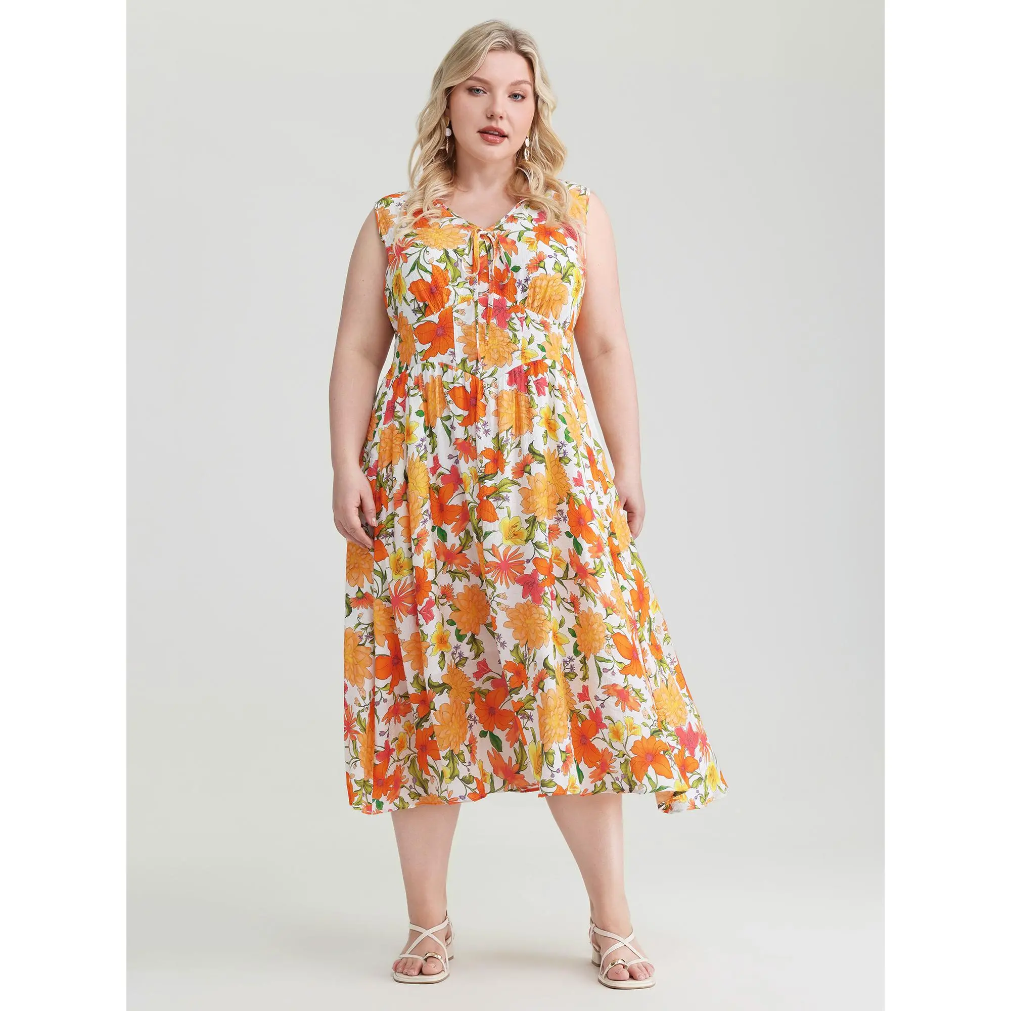 BloomChic Women's Plus Size Boho Ditsy Floral Midi Dress, Retro V-Neck with Shirred Waist, Sleeveless Rayon Nylon Blend with Pocket, Womens Dresses, Low Iron, Knot, Wash With Like Colors, Casual, Smooth, Fabric, Garment, Bohemian, Fit