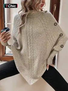 Women's Plain Fake Buttons Batwing Sleeve Sweater, Casual Long Sleeve High Neck Jumper for Fall & Winter, Fashion Ladies' Knitwear for Daily Wear