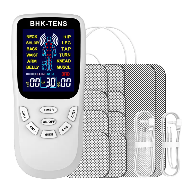 TENS/EMS stimulator, electronic pulse physical therapy device, with 8 electrode pads, used to relieve back pain, aid shoulder recovery, and relax muscles.(Batteries not included: Requires 3 AAA batteries)