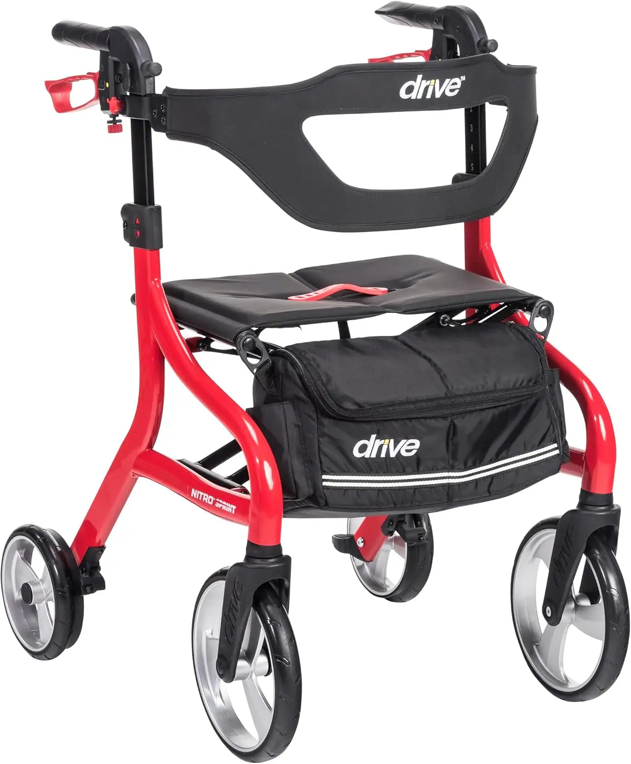 Drive Medical Nitro Sprint Foldable Rollator Walker with Seat - Lightweight Aluminum Frame Mobility Aid - Large Wheels - Compact Folding - Adjustable Comfort - Standard Size - Red