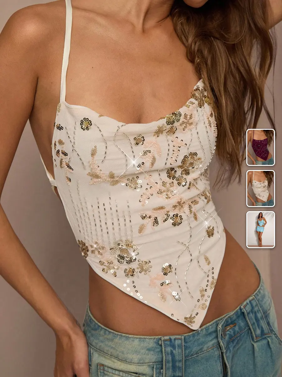 Sequin Cropped Top Backless Embroidered Gold 70s Disco Party Festival Summer Outfit