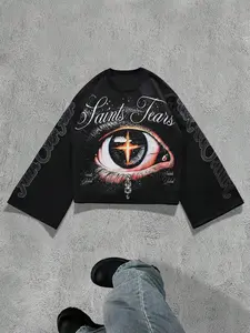 Unisex Loose Fit 'saints Tears' Eye Print Long Sleeve Sweatshirt, Gothic Bell Sleeve Top with Full View Eye and Cross, Casual Streetwear Set