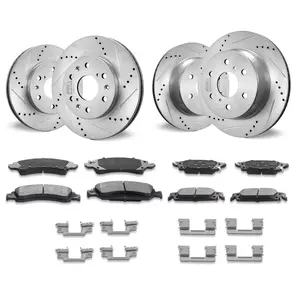 Drilled And Slotted Front And Rear Brake Rotors And Pads Kit For Chevy Silverado GMC - High Performance Disc Brake Replacement For Auto Maintenance, Easy Install, Fits Front And Rear Axles, Vehicle Safety Upgrade