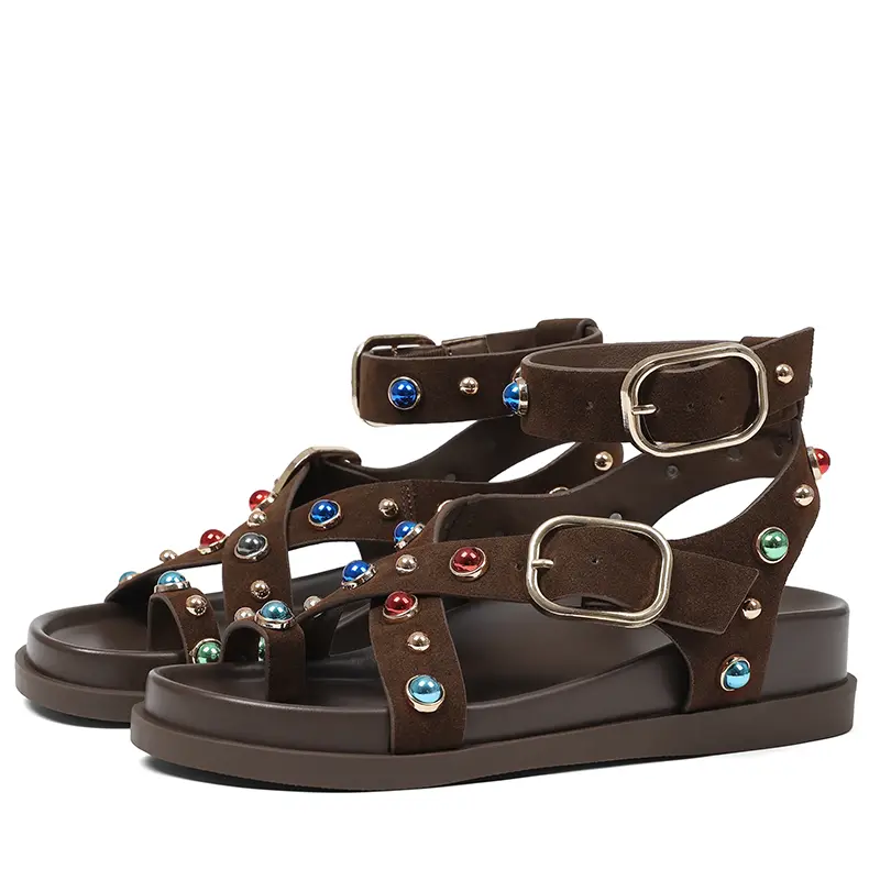 Women's Jazzy Embellished Sandals  Summer Flat Crystal Exclusive Linear Black Suede  Gladiator BeadedStudded Strappy Boho Adjustable Buckle Straps  Walking Party Dress Flip Flops Shoes Casual Beach  Sandals,popular sandals
