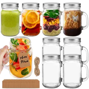 16 oz Mason Jars with Handle 9Pack, Mason Jar Mugs with screw top lids with rubber seal- Pint Mason Jars 16 oz with Silver Lids for Drinks/Canning/Preserving/Meal Prep(16oz, Set of 9)
