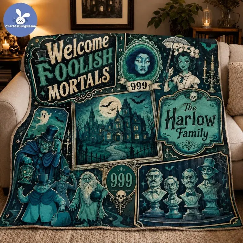 Retro Haunted Mansion Halloween Fleece Blanket, Hitchhiking Ghosts Throw, Spooky Season Cozy Blanket, Gothic Fall Home Decor, Halloween Gift