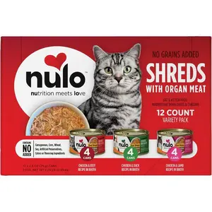 Nulo Real Shreds with Organ Meat Wet Canned Cat Food, Variety Flavors, 2.8 Ounce, 12 Cans