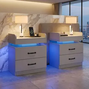 2 Pcs Modern LED Nightstand 2 Drawers Storage Bedside End Side Table Multifunctional Home Furniture for Bedroom Living Room Black White Grey