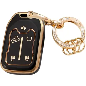 Key Fob Cover with Metal Keychain Compatible with Chevy Suburban Tahoe Terrain Acadia Yukon Silverado GMC Sierra Accessories Soft TPU Protection Case Shell Black