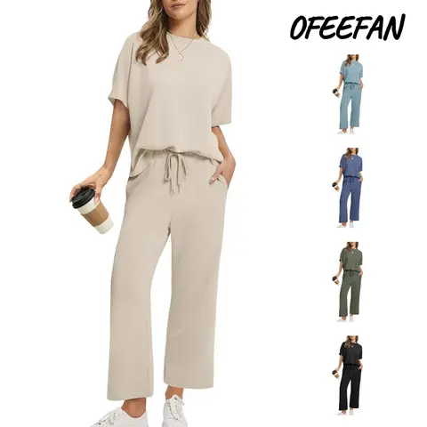 OFEEFAN Two Piece Sets for Women Summer Outfits Oversized Wide Leg Crop Pants Lounge Sets Airport Beach Vacation Clothes |(Size Up 1-2 for Oversized Look) Casual Shortsleeve