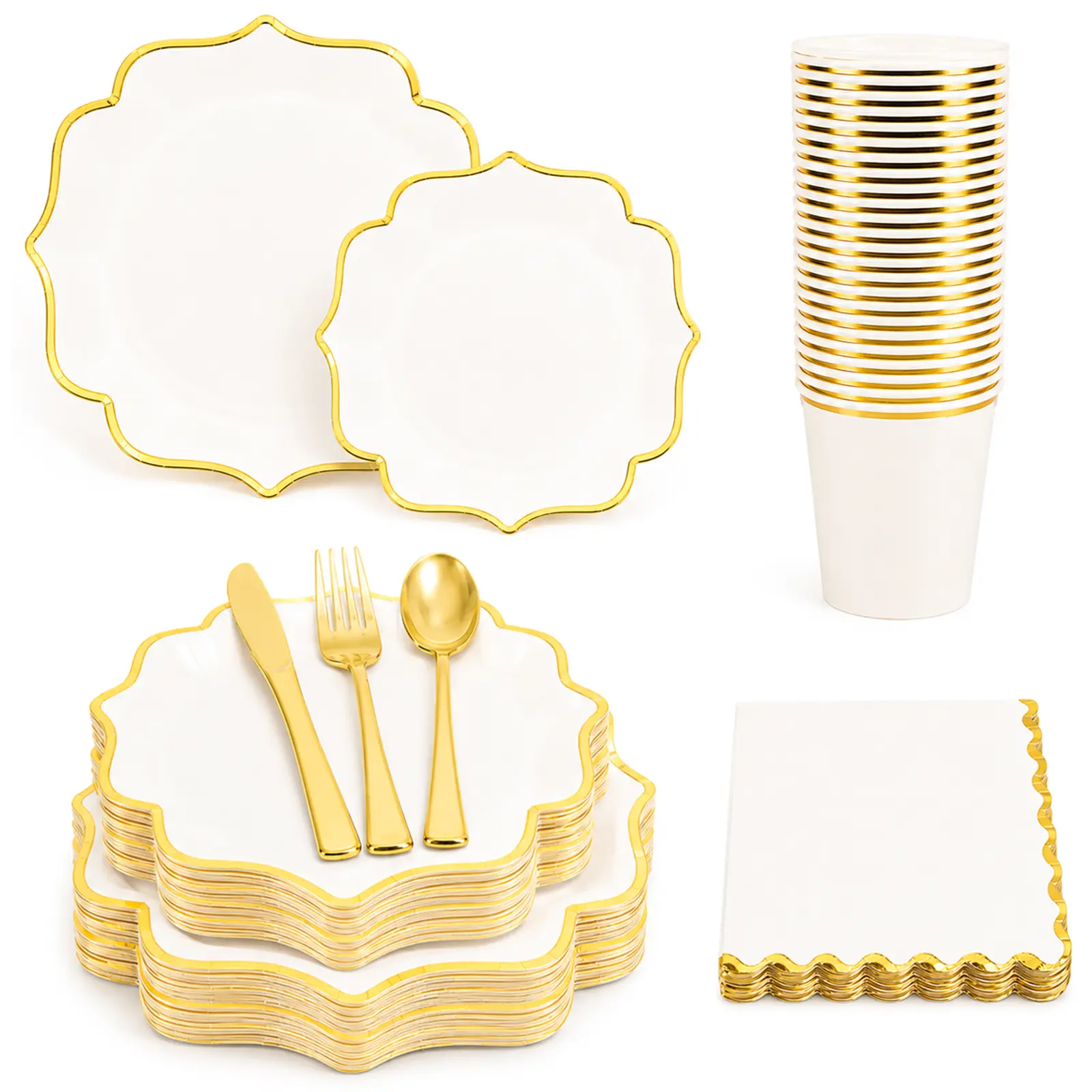 175-Piece Plastic Party Dinnerware Set for 25 Guests, Disposable White & Gold Plates, 9 oz Cups, Forks, Spoons, Knives & Napkins for Parties & Weddings