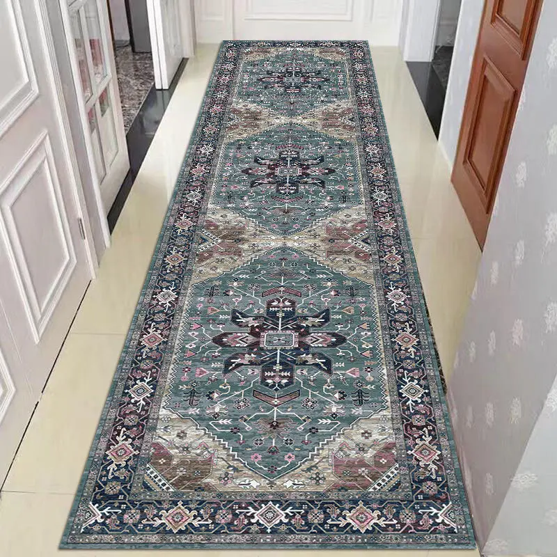 Elegant Long Geometric Embellished Runner Rug - Modern Decorative Patterned Multicolor Rug Runner, Blue Beige Brown, Machine-Washable Polyester, Ideal for Hallway, Staircase, Geometric Embellished Runners, Multicolor Rug Runners