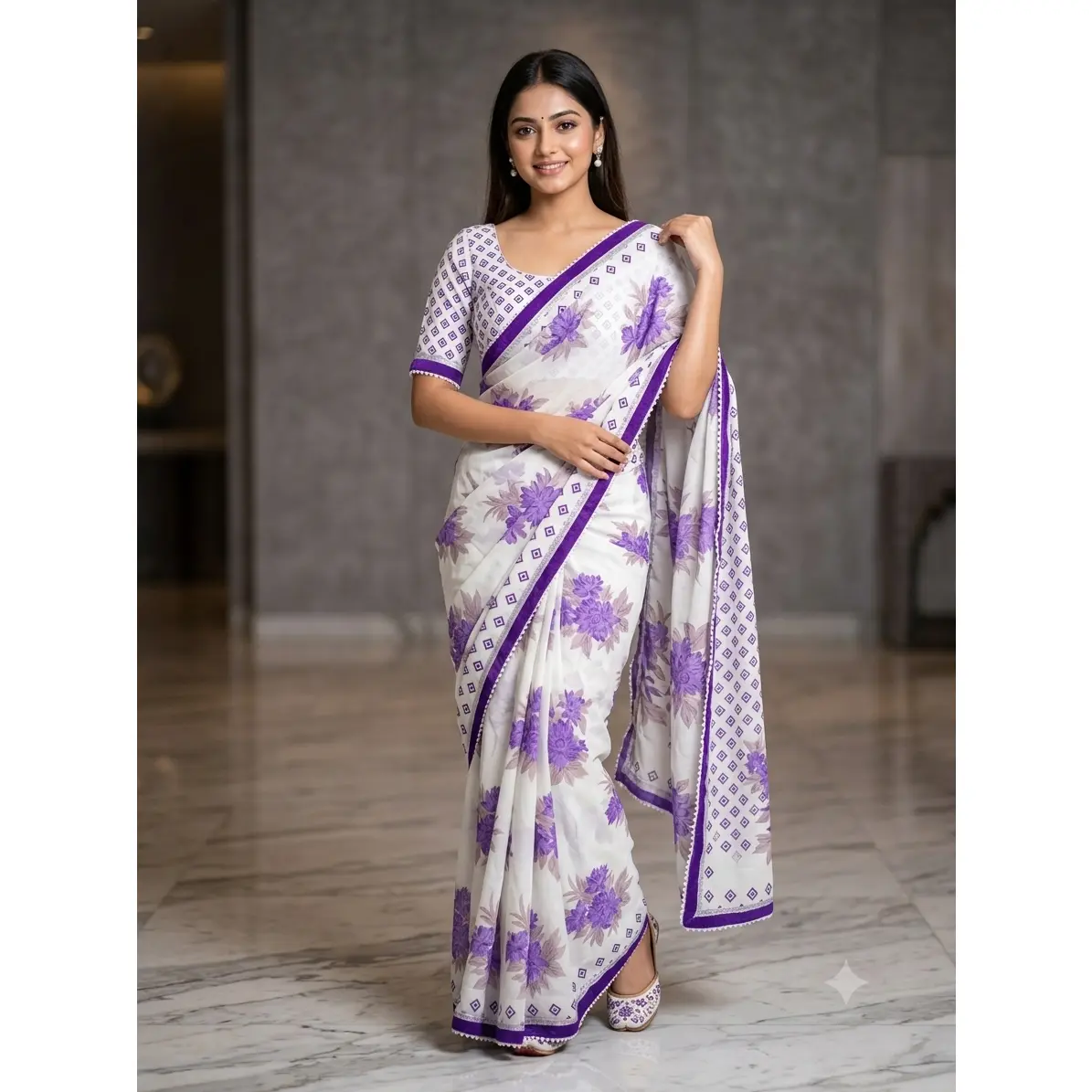 Ready-to-Wear Pleated Floral Saree with Stitched Blouse