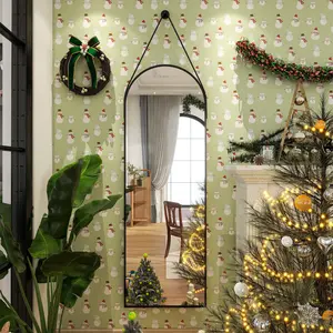 48"x16" Arched Mirror with Hanging Leather Strap  Aluminum Frame  Wall-Mounted Arch Mirror  Hanging Mirror for Bathroom Vanity  Living Room  Bedroom  Entryway Decor Decorative