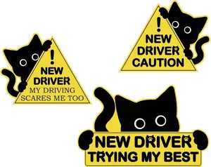 3-pack of student driver car stickers (large), fun new driver magnets, reflective new driver stickers, "Please wait patiently" new driver safety warning sign, cute black cat.