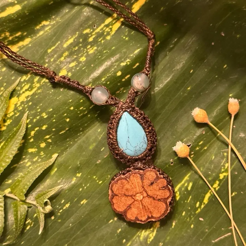 Ayahuasca Spirit Drop Necklace Jungle Leaf Edition - Handwoven with Ayahuasca Wood &  Resin Pendant - Adjustable Wax Cord - Ethically Harvested & Healing Gemstones 28