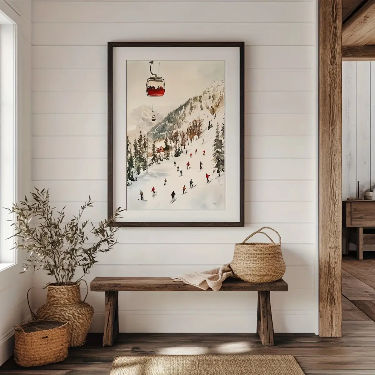 Vintage Watercolor Landscape Ski Lift Wall Art, Winter Ski Scene Poster, Rustic Retro Artistic Ski Decor, Unframed Canvas for Living Room, Canvas Art and Prints for Walls, Art Work for Wall Decor, Gift for Skiers