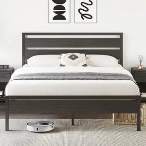 16 Inch Queen Bed Frame Sturdy Metal Bed Frame Queen Size with Wooden Headboard and Footboard, Noiseless/12.5" Under Bed Space/Durable Support//No Box Spring Needed/Anti-Slip, Black Oak