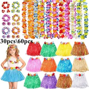 Hawaiian Grass Skirt Set for Girls & Women, 30pcs/60pcs Plastic Fiber Beach Party Accessories, Summer Sandbar Welcome Party Decorations, Party Event Props