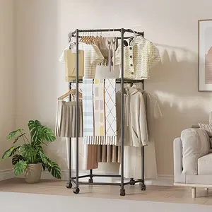 Hexagonal Rotating Clothing Rack with Wheels Space Saving for Bedroom Dorm Balcony
