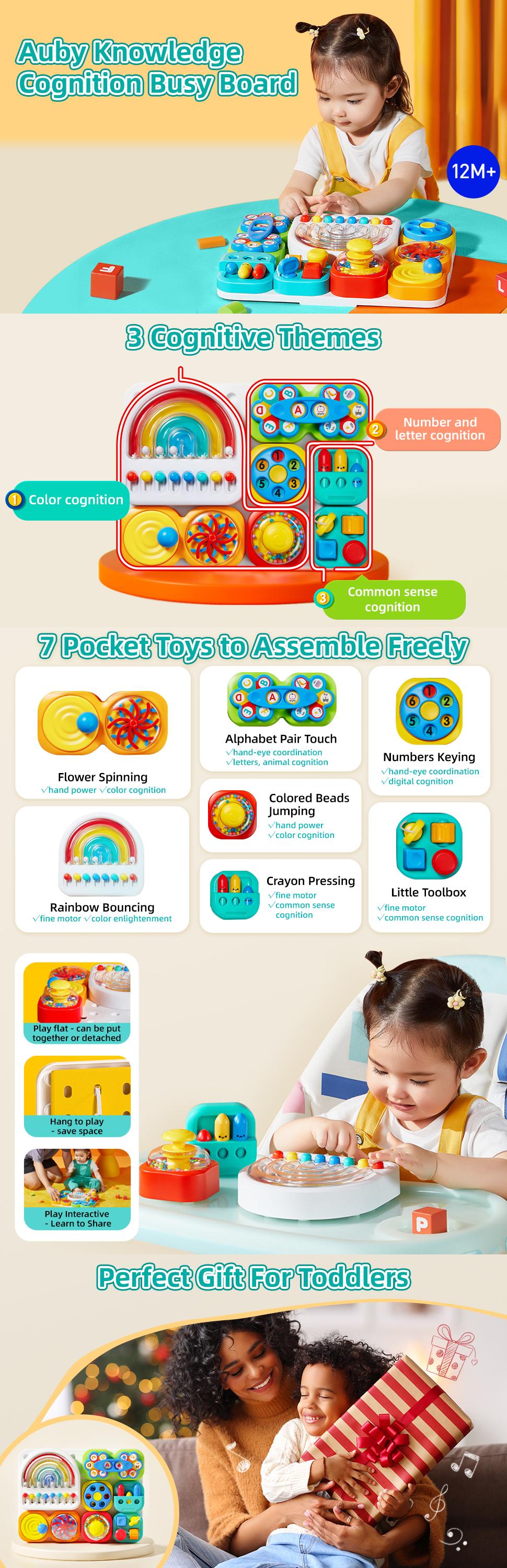 auby Busy Board 3.0 Detachable & Assemblable Educational Sensory Toy for Toddlers 1-6 – Portable Learning Activity Board with 7 Travel-Friendly Tools, Fine Motor Skills Development