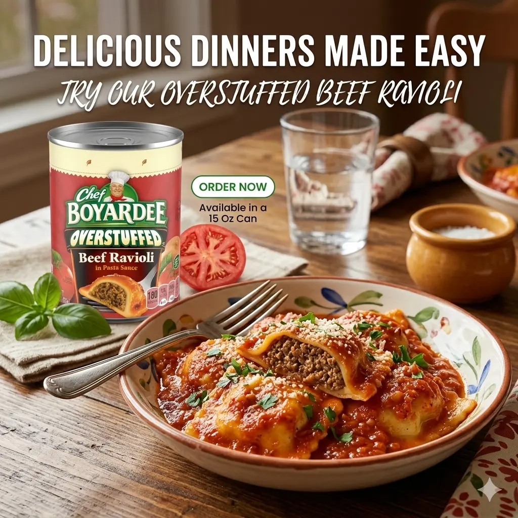 Overstuffed Beef Style Ravioli Pasta In Rich Tomato Sauce Ready To Heat Canned Meal For Lunch And Dinner 15oz Can