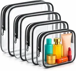 Clear Makeup Bag 4 Pack, TSA Approved Toiletry Bag for Women, Waterproof PVC Cosmetic Pouch Travel Organizer, Clear Bags for Diaper Bag Organizer Purse, Portable Zipper Pouch Set (L+M+M+S)
