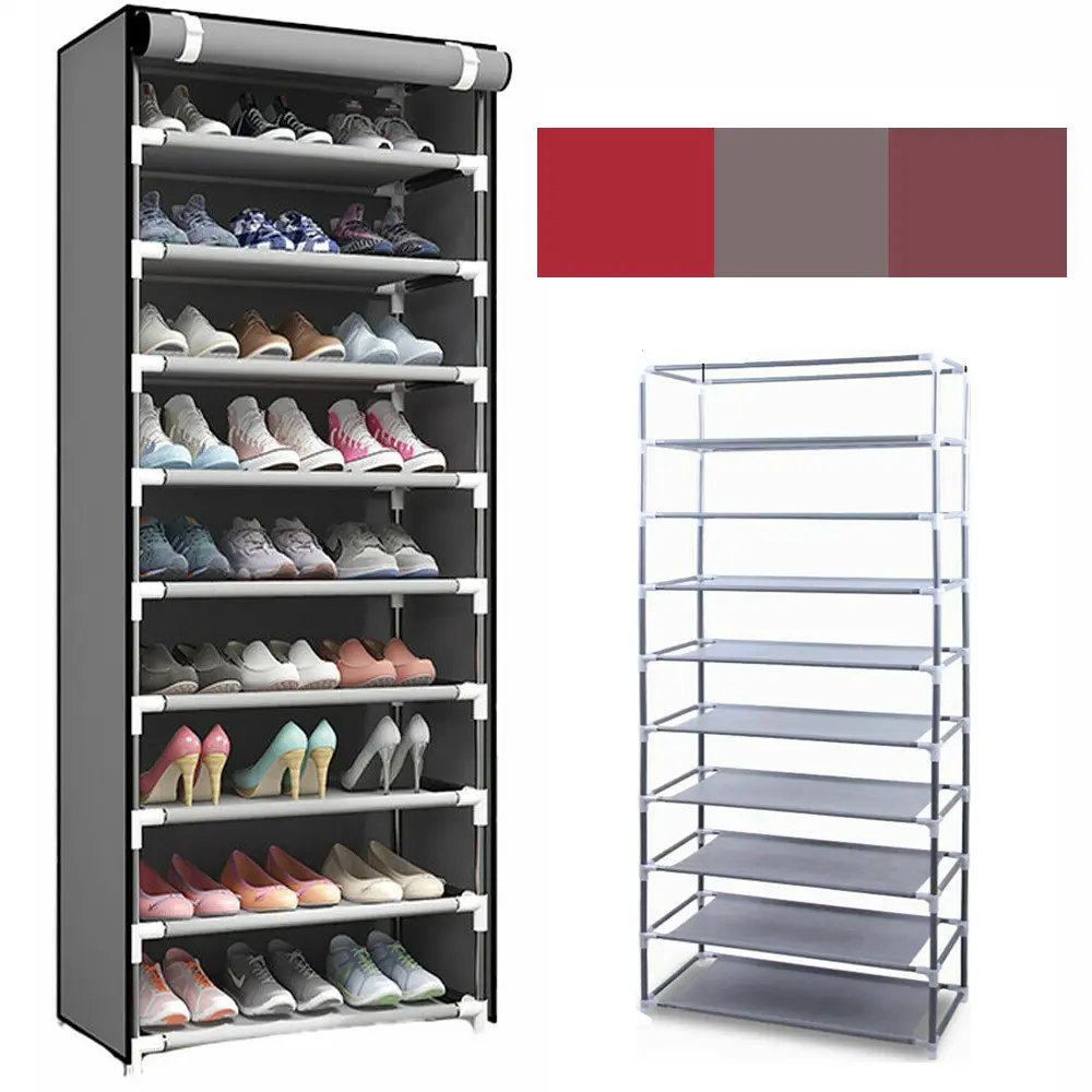Decorative Metal & Plastic Shoe Rack Organizer, 10-Layer 9-Shelf Standing Cabinet, Dustproof Adjustable Multi-Level Shoe Storage, Boxes