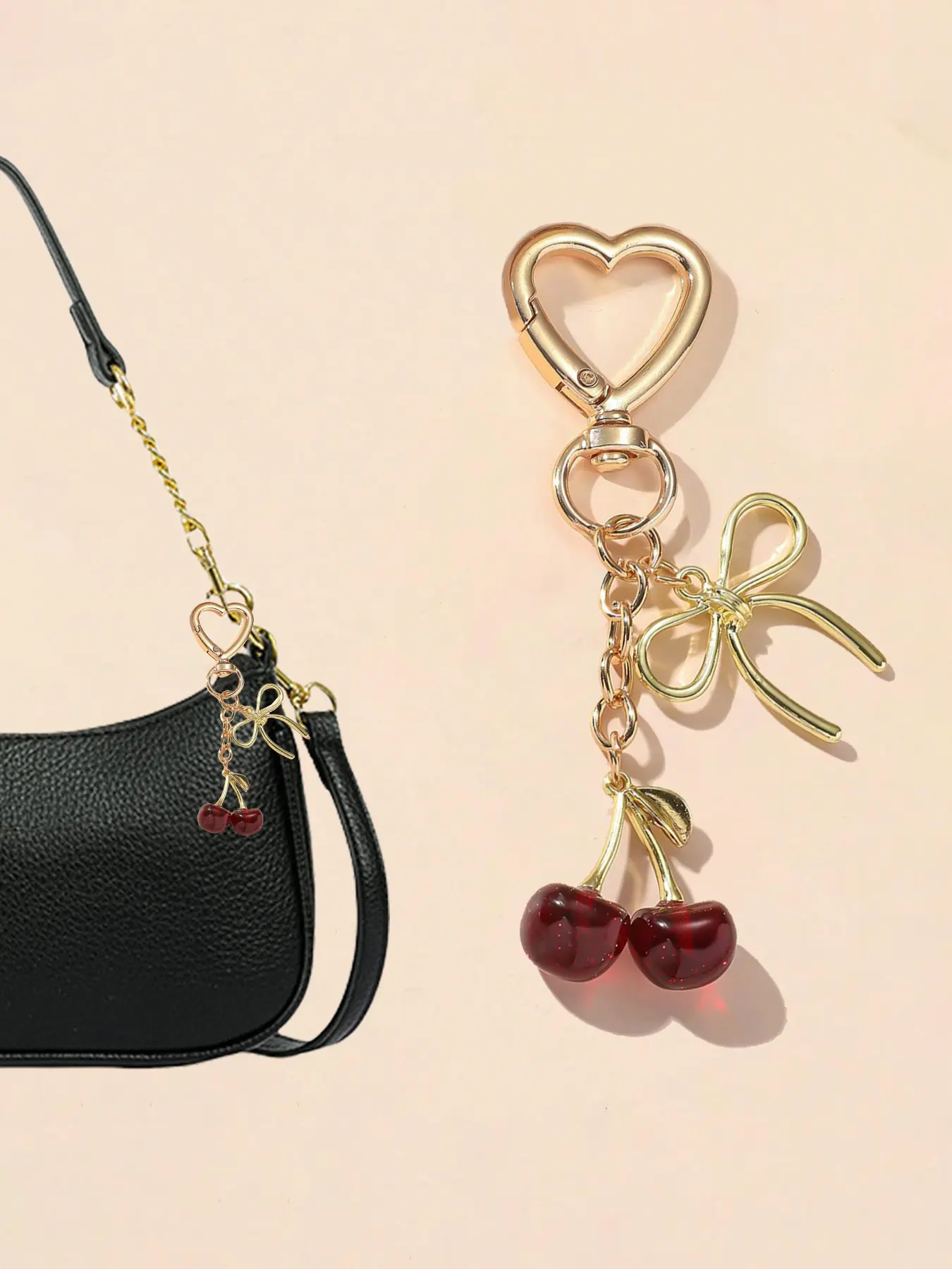 Cherry Design Keychain, Cherry Bow Keychains, Sparkling Simulated Cherry And Bow, Birthday Gift, Wallet Accessory, Heart-Shaped Metal Buckle - Bag Charm Pendants, Bag Chain Accessories, Alloy Keychain