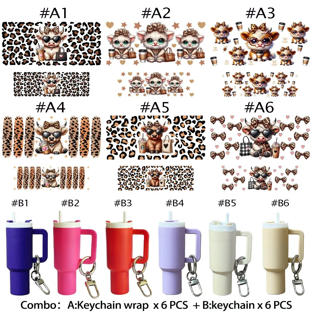 Cool Cow DIY Craft Kit, Keychain Kawaii, Keychain Accessories, Keychain Charm, Cute Keychain, Personalized 6 Mini Keychains + 6 UV DTF Stickers, for Gifts, Party Favors