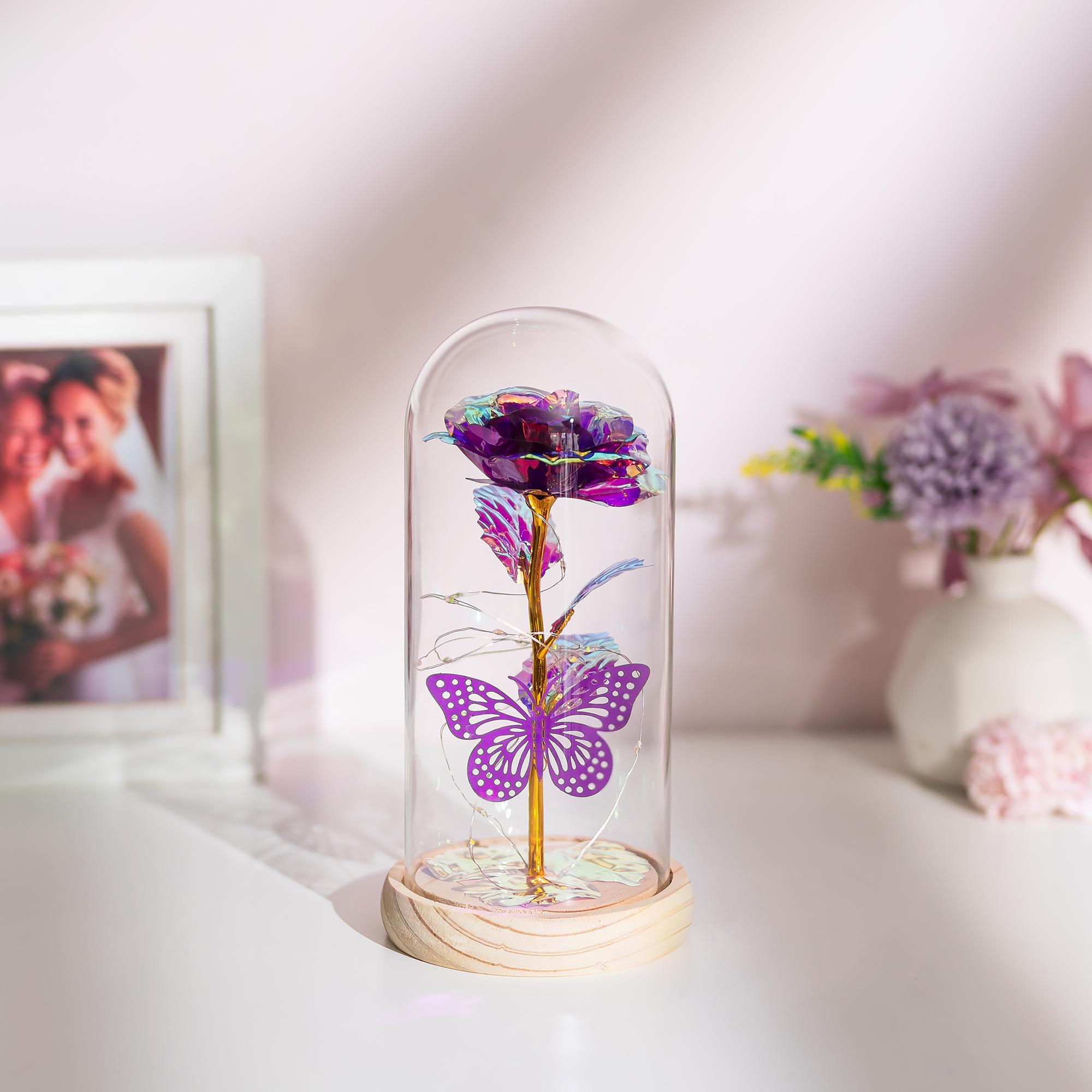 Glasseam Galaxy Glass Rose Forever Eternal Crystal Flowers Roses in Glass Dome with Butterfly Mother's Day Gifts for Women Daughter Mom Wife Girlfriend