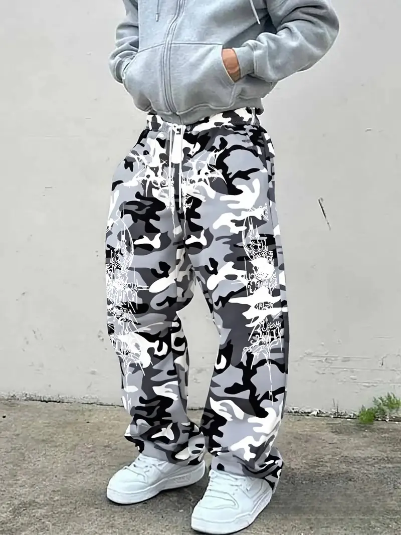 Men's Casual Military Camo Pants, Thorn Print Loose-Fit Drawstring Wide Leg, All-Season Comfortable Fabric, Perfect for Daily Wear