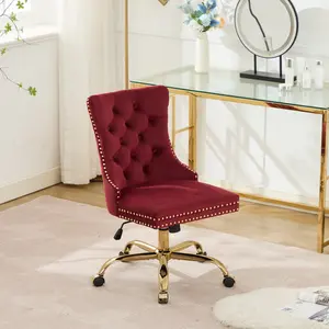 Velvet Vanity Chair with Back & Gold Base, Wine Red Office Chair with Wheels & Soft Cushion, 360° Swivel Chairs for Bedroom, Vintage, Upholstered, Tufted Button, Nailhead, 250LBS (Wine Red)
