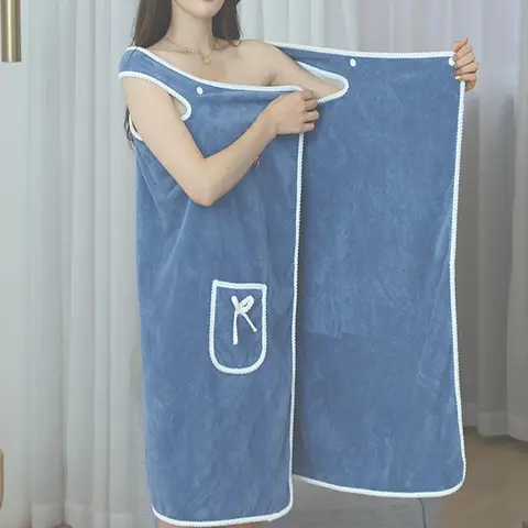 Wearable Bathrobe, Soft Comfortable Absorbent Thickened Bath Towel with Button, Shower Towels, Bathroom Accessories for Home Salon Hotel Travel