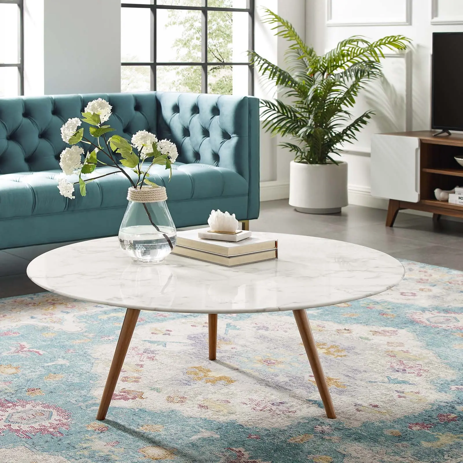 Modway Lippa 40" Round Artificial Marble Coffee Table - Modern Center Table, Roundtable, Midcentury Modern, Walnut White Tripod Base, Clean Look Artificial Stone Living Room Furniture