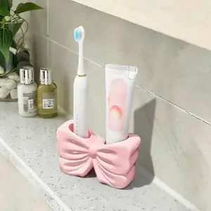 Creative Heart-Shaped Butterfly Knot Toothbrush Holder, Standing Ceramic Bathroom Organizer, Suitable for Electric Toothbrushes and Toothpaste, Toothbrush Storage