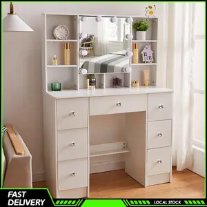 Large Vanity Desk 10 LED Mirror 3 Modes Open Mirror Hidden Storage 7 Drawers
