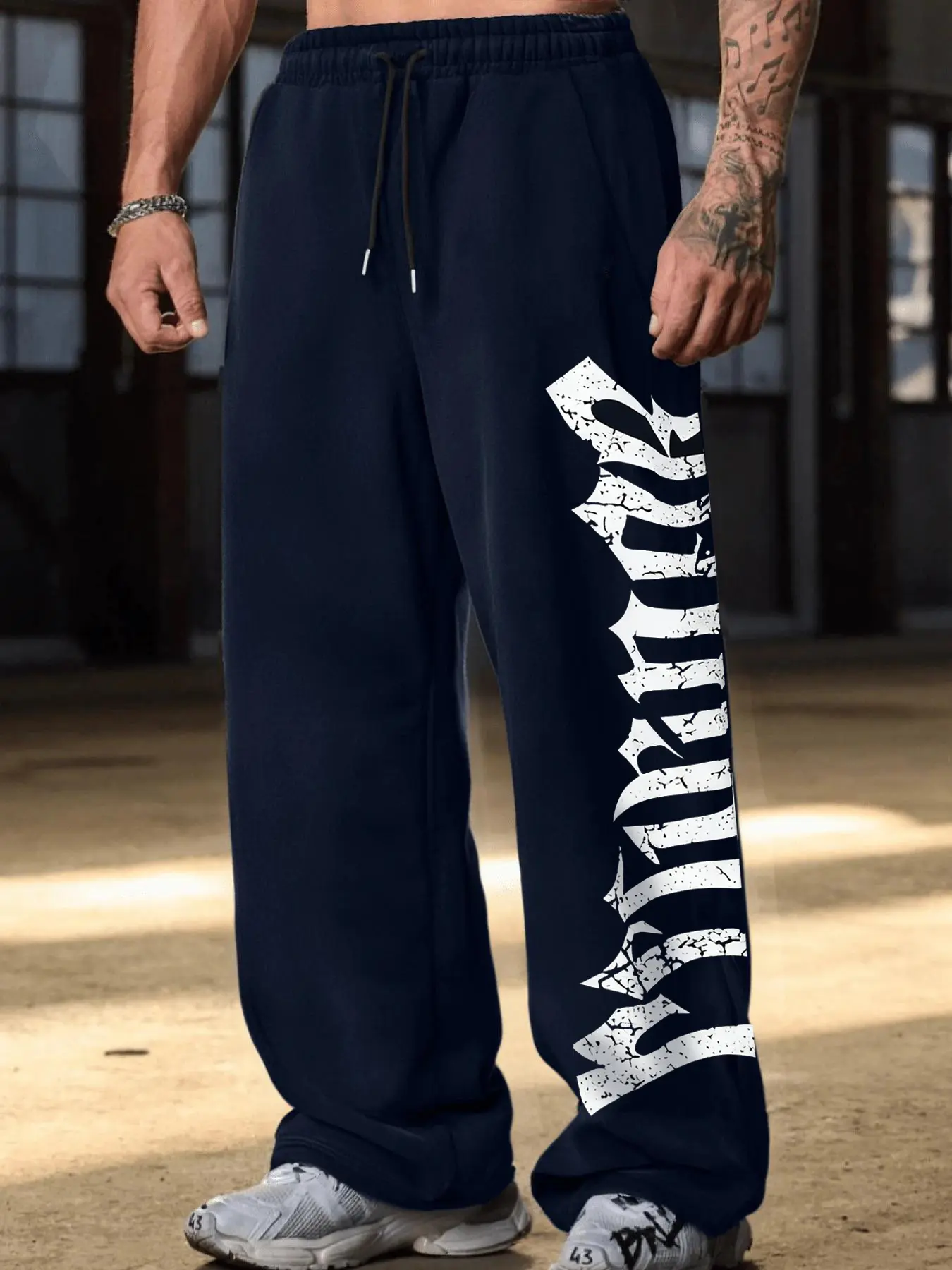 Gothic Font Graphic Print Wide Leg Pants, Loose Fit Drawstring Waist, Long Regular Length, Preppy Style, All Seasons, Casual, Athletic, Gym & Activewear, Drawstring Sports Pants