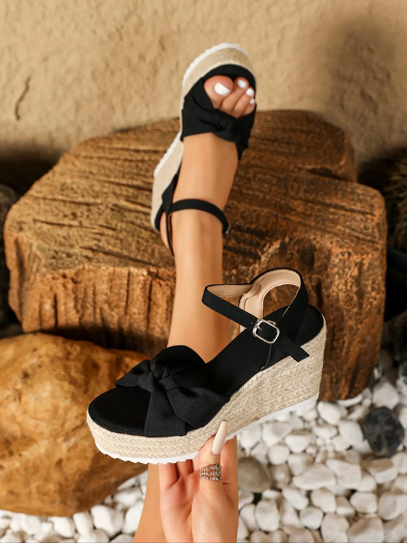 Women's Beach Vacation Wedge Sandals, Braided Woven Open Toe Tie-Up High Heels, Textile Upper, Fabric Heels, Holiday Style, Less Than Ankle Height, Heeled Wedge Shoes