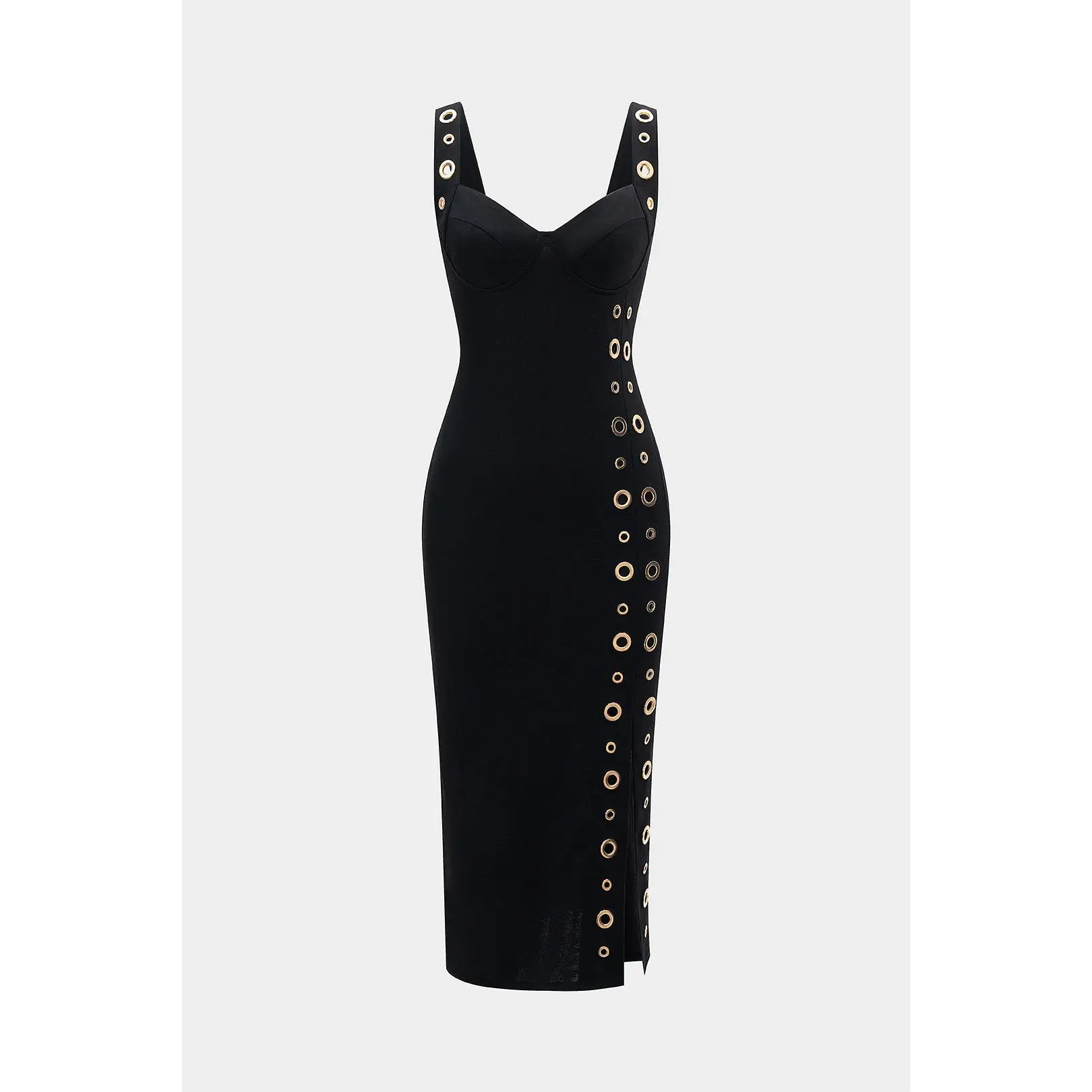 Metallic Eyelet Zipper Sleeveless Midi Dress