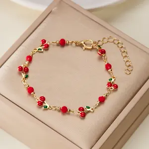 Women's Various types Sweet Bracelet,Sweet Cherry Charm Bracelet, Gold Plated Chain Adorned With Red Beads, Lovely Fruit Style Hand Jewelry, Flexible Versatile Wrist Ornament for Daily Casual Wear And Holiday Party Occasions,summervibes wristband